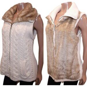 Eivissa Reversible Faux Fur Vest Cable Ribbed Knit Zip Front Winter Sweater